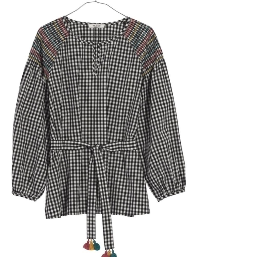 MADEWELL Gingham Smocked Blouse Tie Waist Top Blouse S! - Picture 4 of 7